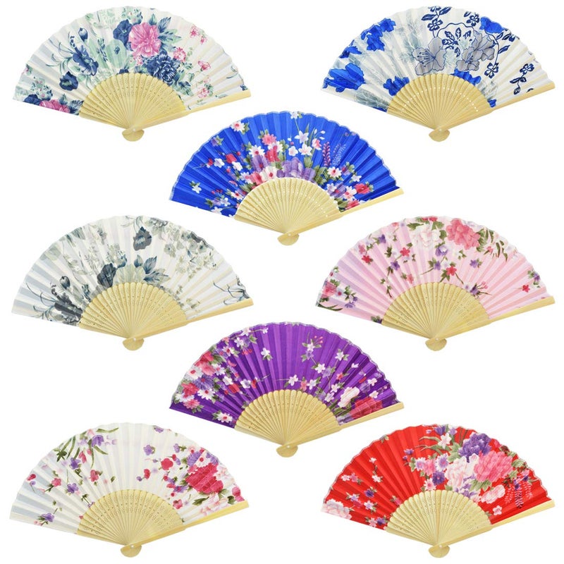 Miayon 8Pcs Floral Folding Hand Fan - Japanese Vintage Retro Style With Wooden Ribs for Dancing, Wedding, Party Decor (Random Color, Chinese Style) - Image 1